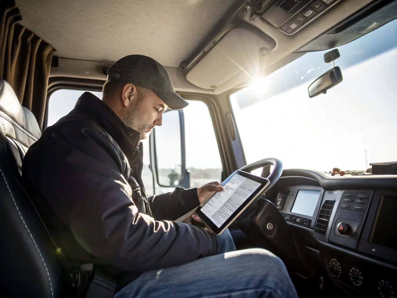An image depicting a driver using the in-truck solution on a tablet, displaying route optimization and real-time communication features.