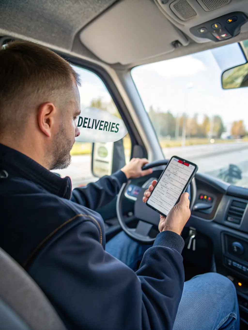 A driver using the CommSys in-truck solution on a tablet, displaying route information, customer details, and real-time communication features.