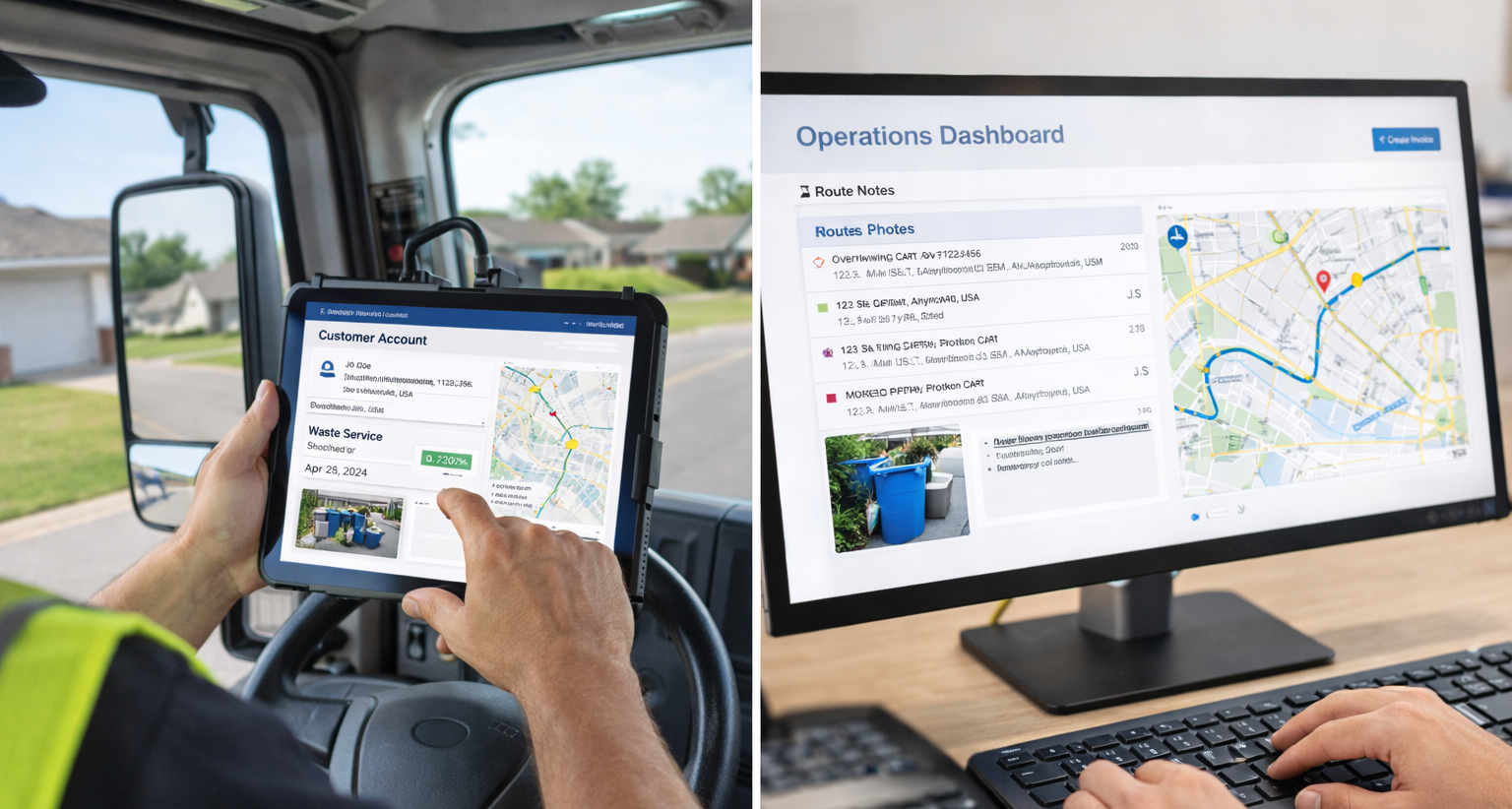 Waste and municipal utility route management software connecting sanitation drivers to office billing and operations dashboard with GPS tracking and real-time data sharing.