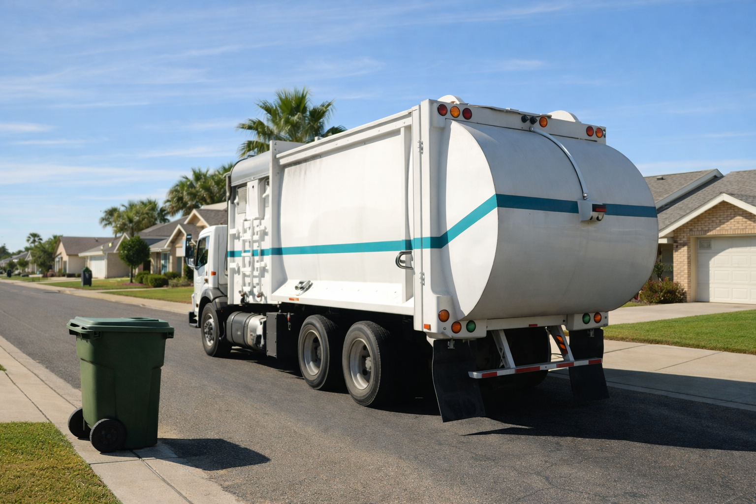 Municipal garbage truck servicing residential neighborhood as part of integrated utility billing and sanitation management services powered by CommSys.
