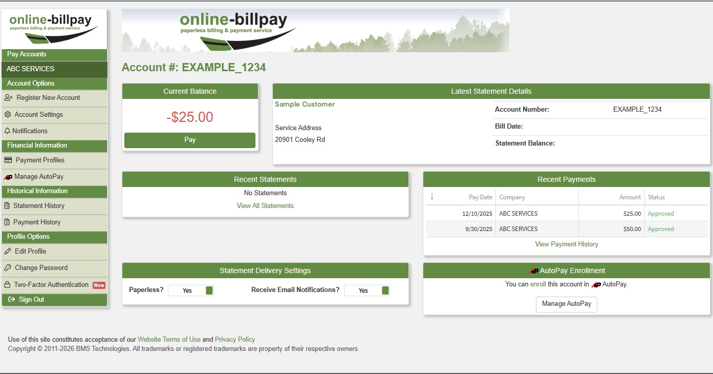 Online utility billing customer portal dashboard showing account balance, payment history, statement details, autopay settings, and paperless billing options.