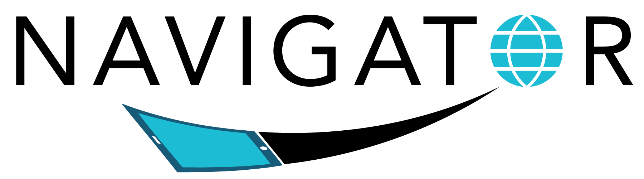Navigator software logo featuring bold black lettering, a teal globe icon integrated into the design, and a sweeping arrow graphic beneath the name.